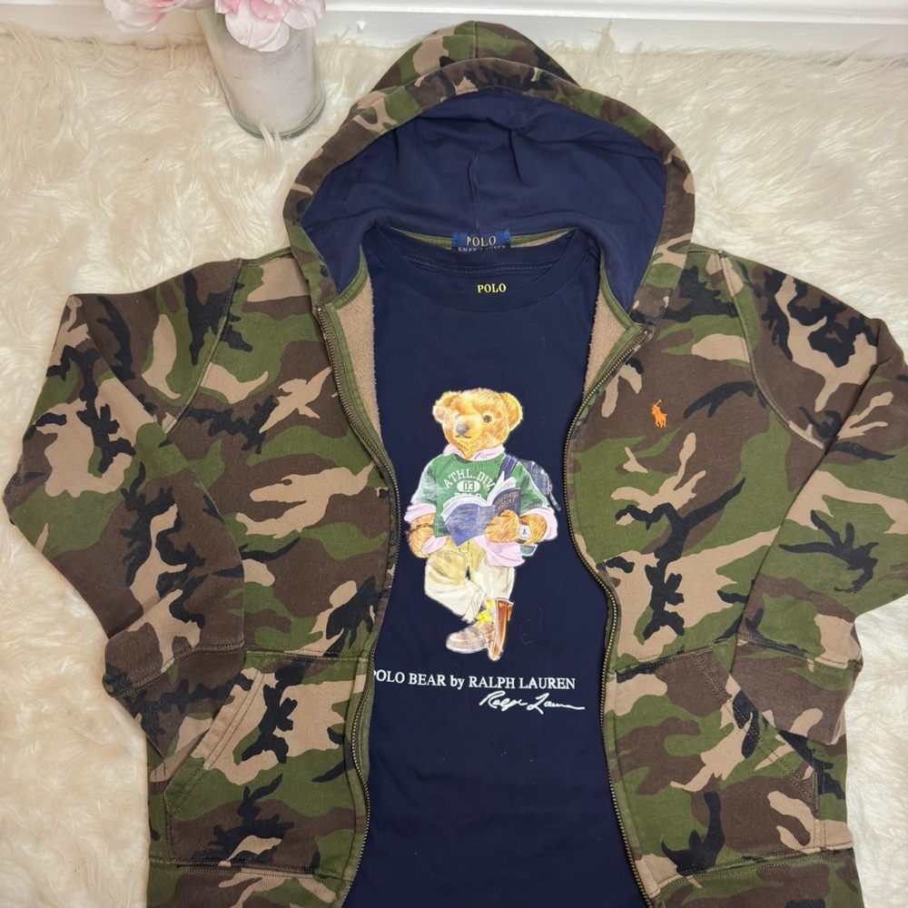 (2 piece) Ralph Lauren camo hooded zip jacket (14-16)w/Navy Polo Bear Tee(10-12)